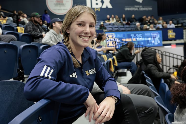 Paige Mitchell sits in the stands during the Rhode Island at La Salle University mens basketball game at La Salle’s John E. Glaser Arena in Philadelphia on Saturday, Feb. 21, 2026.