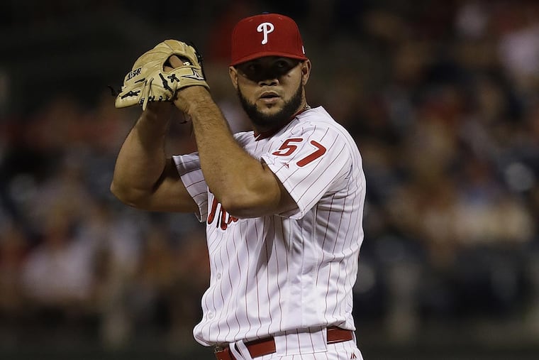 Philadelphia Phillies' Luis Garcia in action during a baseball game against the San Francisco Giants, Friday, June 2, 2017, in Philadelphia.