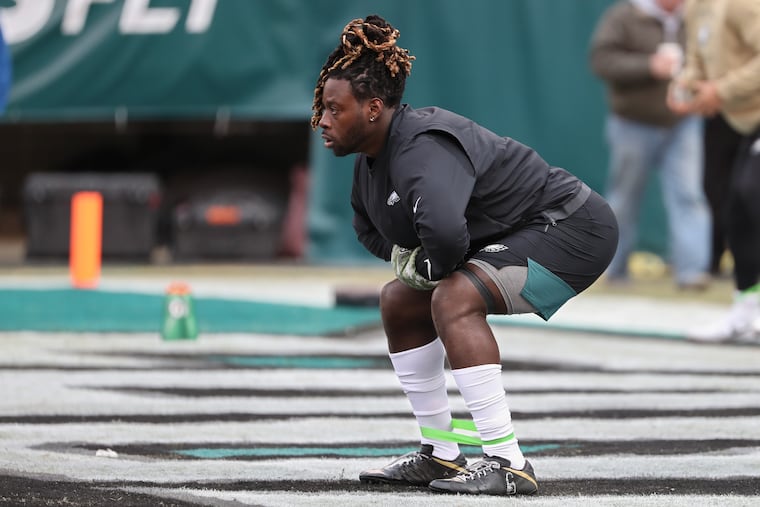 Eagle running back Jay Ajayi warms up in the end zone prior to the games against the New England Patriots at Lincoln Financial Field on November 17, 2019.