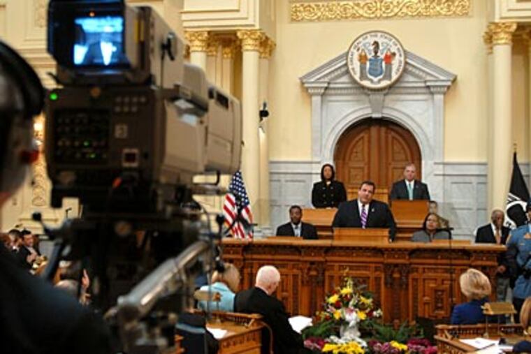Gov. Christie delivers his budget address Tuesday to New Jersey lawmakers. He said that state aid cuts would be up to 5 percent of school districts’ entire operating budgets. ( Tom Gralish / Staff Photographer )