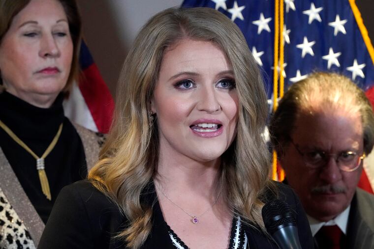 Jenna Ellis, a former member of then-President Donald Trump's legal team, speaks during a news conference at the Republican National Committee headquarters in 2020 in Washington.