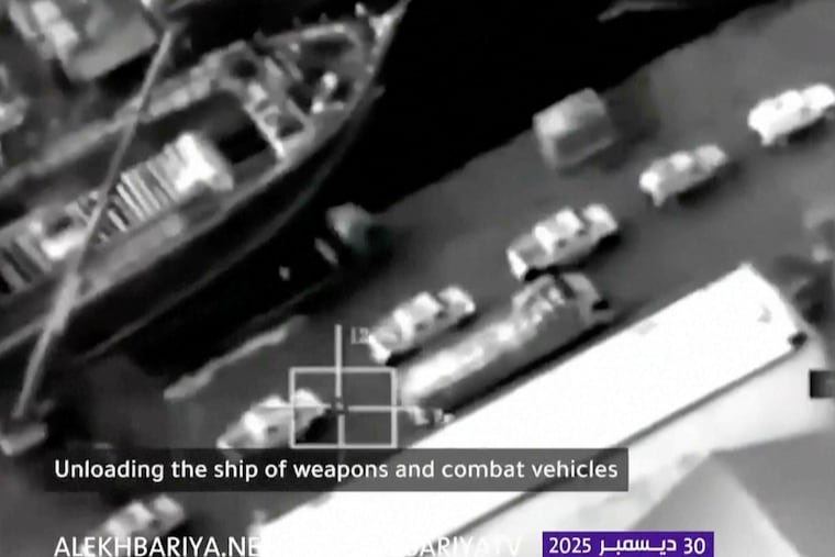 This frame grab from video broadcast by Saudi state television on Tuesday, Dec. 30, 2025, shows what the kingdom describes as a shipment of weapons and armored vehicles coming from the United Arab Emirates, at Mukalla, Yemen. (Saudi state television via AP)