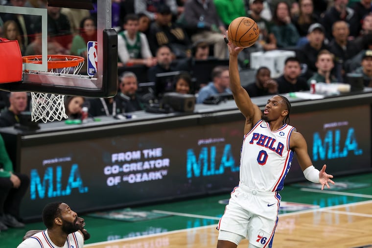 Tyrese Maxey scores in the third quarter of Game 7 against the Boston Celtics Saturday.