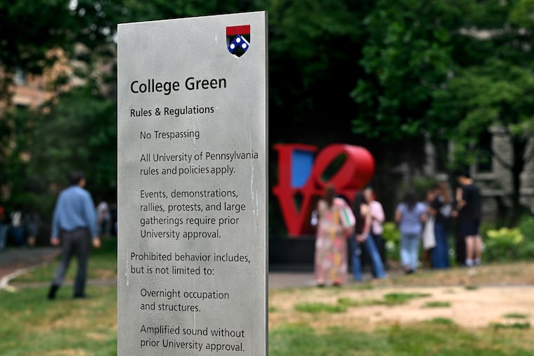 Posted rules for the College Green on the University of Pennsylvania's campus in August.
