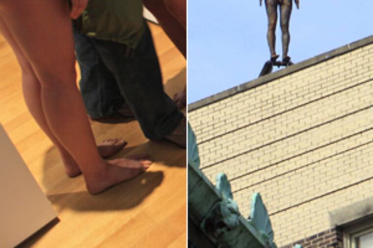 Two eyebrow-raising exhibits in New York: At left, a patron squeezes between nude people in a doorway, part of a Marina Abramovic exhibit at the Museum of Modern Art. At right, a sculpture by Antony
Gormley, part of the installation "Event Horizon," is seen on the roof of 1133 Broadway. Such works have been mistaken for possible jumpers.