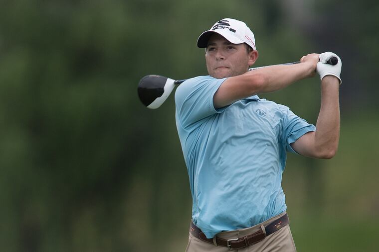 Ben Feld, tees off during the Philadelphia Amateur Tournament at the Whitemarsh Valley Country Club, in Lafayette Hill, PA Wednesday, June 13, 2018.