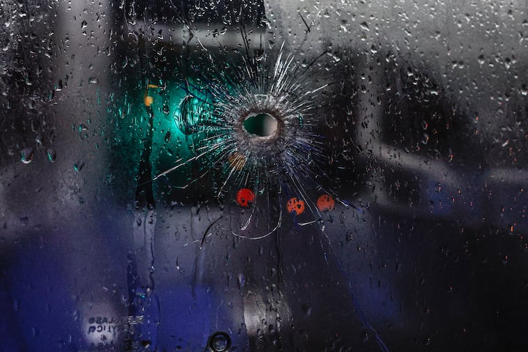 One of 17 bullet holes in a SEPTA bus that was driving by the scene where eight juveniles were shot at the intersection of Cottman and Rising Sun avenues on an afternoon last March.