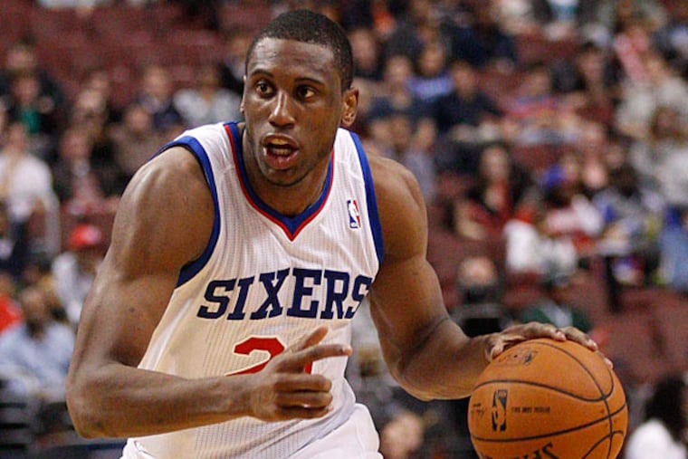 Thaddeus Young in action during the second half of an NBA basketball game against the Dallas Mavericks, Friday, Feb. 21, 2014, in Philadelphia. The Mavericks won 124-112. (Chris Szagola/AP)