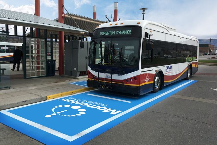 An electric bus in Wenatchee, Wash., is positioned over a wireless charging pad that can transfer energy through the air into a receiver mounted under the bus. The system was developed by Momentum Dyamics Corp. of Malvern, which envisions a wireless recharging system so extensive that vehicles will get refueled as they drive down roadways.