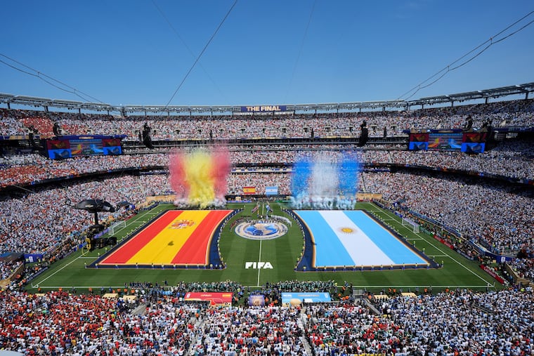 The colorful scene at the Meadowlands in north Jersey ahead of Sunday's kickoff of the World Cup final.