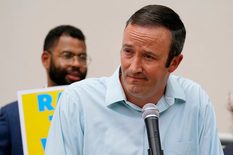 Rep. Mike Zabel speaks during a rally in July 2021 in Philadelphia. Zabel, of Delaware County, has resigned after three people have accused him of sexual harassment.