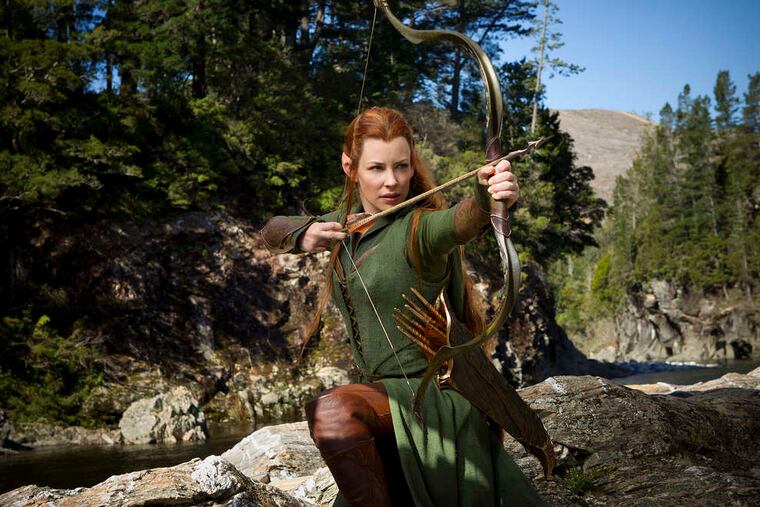 Evangeline Lilly plays Tauriel, a new character in the second installment of "The Hobbit" trilogy, who joins the elf prince Legolas (Orlando Bloom) in combat.
