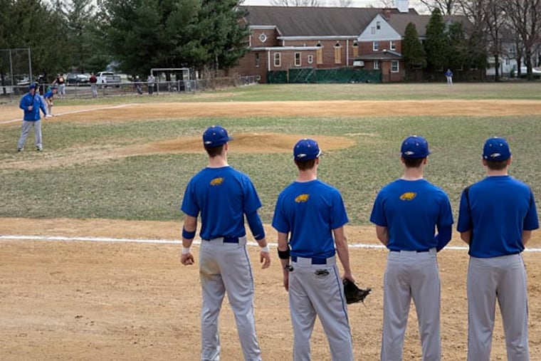 JPHIL06 - Joe Barth Field, home to the Gloucester Catholic baseball
team, has history on its side. The patriarch of the first family of
South Jersey baseball and namesake of this field, who died last month
at age 92, created the Brooklawn American Legion program on this
little slice of sandlot in 1952. Staff photo by Ed Hille