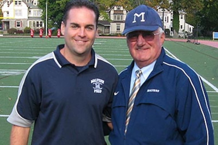 Retired Malvern Prep football coach Gamp Pellegrini (right) and son Kevin, now the head coach at the school. (File photo)
