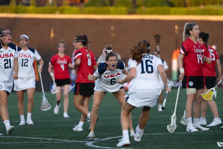 Emily Parros (No.6) celebrates after a goal against Canada.