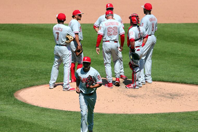 Severino Gonzalez (52) walks off after being relieved during the fifth inning against the New York Mets at Citi Field. (Brad Penner/USA Today)