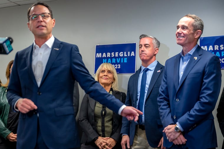 Gov. Josh Shapiro campaigns in Newtown in 2023 for Bucks County Democrats Diane Ellis-Marseglia (center, left) and Bob Harvie (center, right). Harvie, now a county commissioner, has Shapiro's endorsement for Congress.