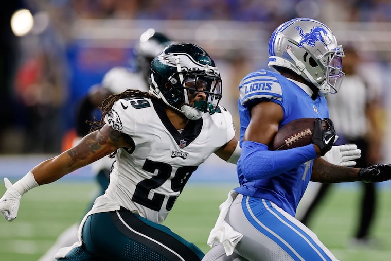 Eagles cornerback Avonte Maddox goes after Detroit Lions wide receiver DJ Chark on Sunday, September 11, 2022 in Detroit.