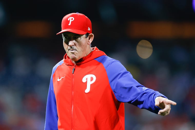 Phillies interim manager Rob Thomson points walking back to the Phillies dugout after replacing second baseman Nick Maton against the Los Angeles Angels on Friday, June 3, 2022 in Philadelphia.