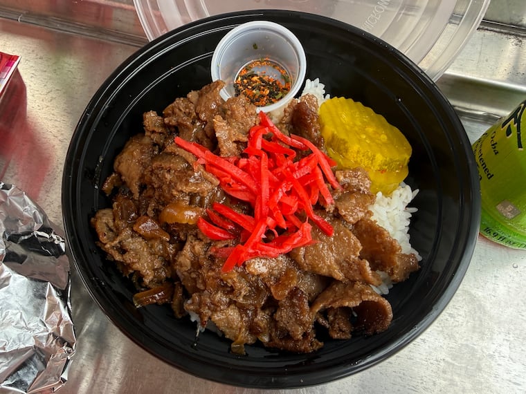 Gyu-don at Haha’s Kitchen, a food cart that typically parks at 471 N. Seventh St. in Spring Garden