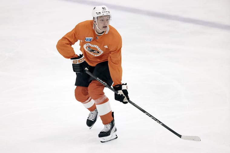 Flyers prospect Jack Berglund on the ice during development camp in July 2024.