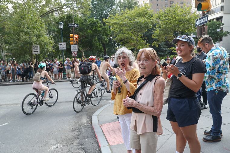 Last year, people at Rittenhouse Square react to the annual Philly Naked Bike Ride. A local tradition for more than a decade, the Philly Naked Bike Ride first came to the city in 2009. It promotes cycling advocacy, body positivity, and economic sustainability.