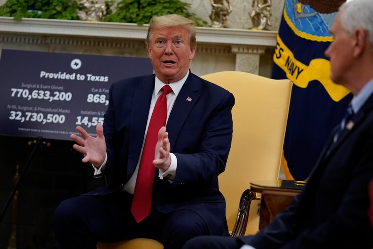 President Donald Trump speaks during a meeting about the coronavirus response in the Oval Office on Thursday.