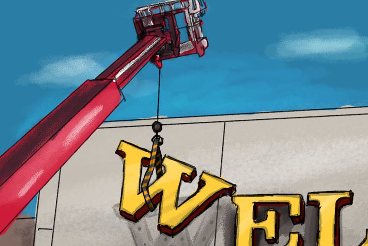 Removing the Wells Fargo Center sign.