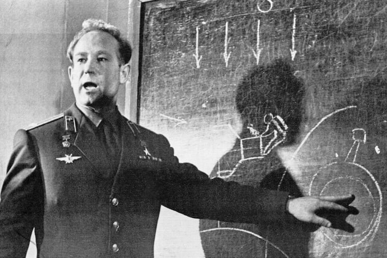 FILE - In this March 26, 1965 file photo, Cosmonaut Alexei Leonov, who stepped into space from the Voskod-2 spaceship, speaks in Moscow, Russia. Alexei Leonov, the first human to walk in space, died in Moscow on Friday, Oct. 11, 2019. He was 85.