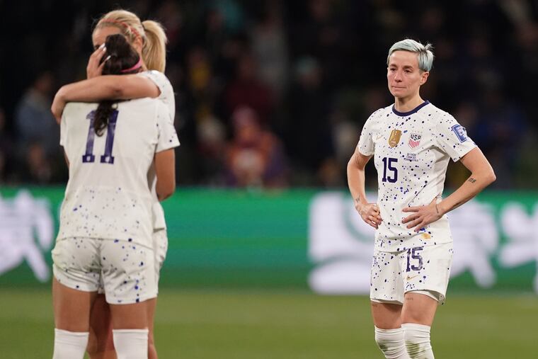 The United States' Megan Rapinoe (right) reacts with her teammates following their loss to Sweden in their women's World Cup round of 16 soccer match in Melbourne, Australia.