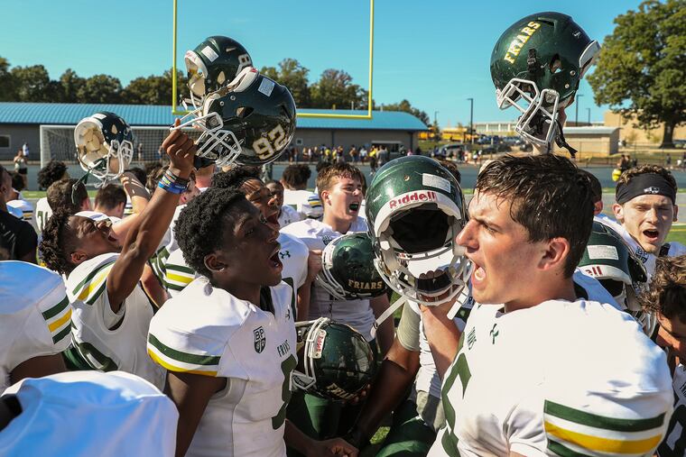 Bonner-Prendergast players cheer after a win in September. Next up is Imhotep in the city 4A title game.