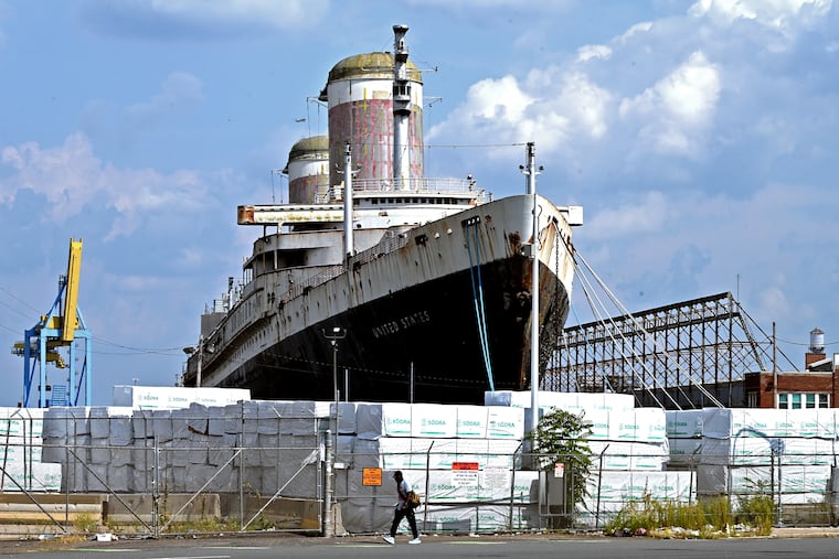 The SS United States ocean liner at Pier 82 in South Philadelphia off Delaware Avenue in August.