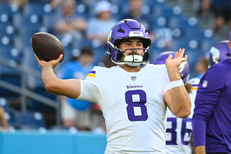 Minnesota Vikings quarterback Sam Howell (8) throws before a preseason NFL football game against the Tennessee Titans, Friday, Aug. 22, 2025, in Nashville, Tenn. (AP Photo/John Amis)
