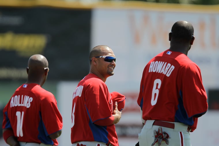 Former Phillies Jimmy Rollins, Shane Victorino (center), and Ryan Howard will be teammates again on July 12 for a three-on-three competition called MLBx.
