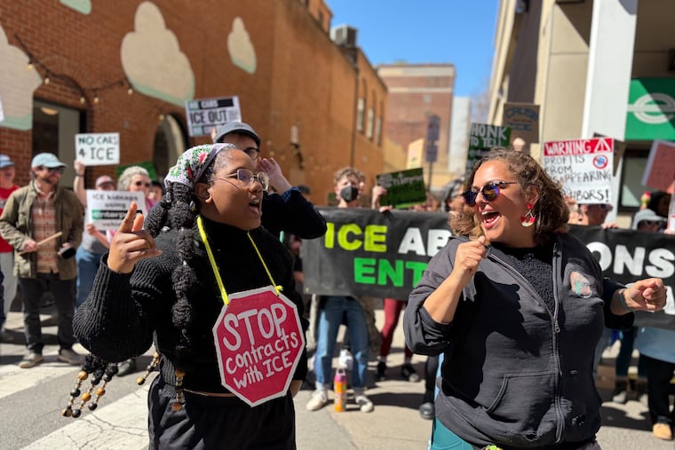 No ICE Philly, the Rise Choir collective, and Singing Resistance Philly members chanting their version of Chappell Roan’s song “Hot to Go!”