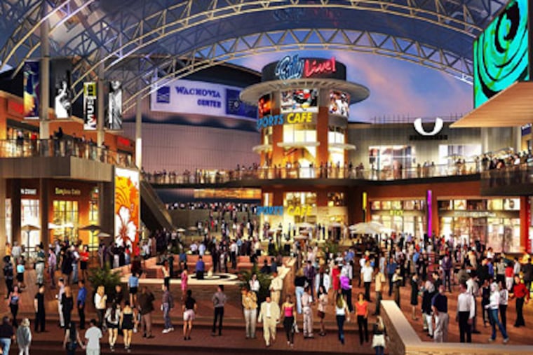 Architect’s rendering of part of the Philly Live! plan shows an arched roof covering part of a broad boulevard linking stadiums. (Warren Strovel Design Collective)