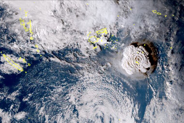 This satellite image taken by Himawari-8, a Japanese weather satellite, shows the undersea volcano eruption at the Pacific nation of Tonga on Saturday.