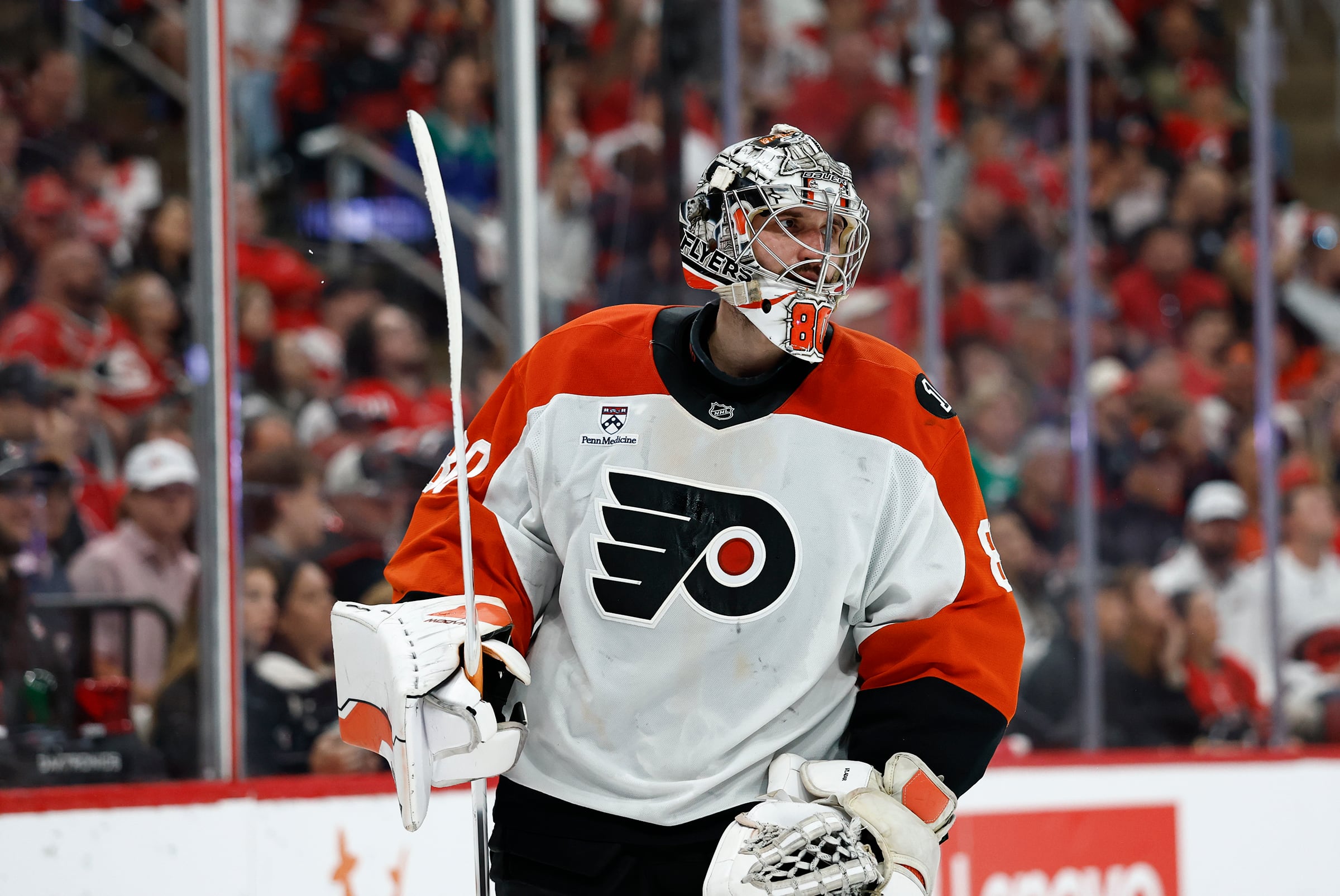 Flyers' MVP Goaltender Vladař Exits Preseason Debut Early With Apparent Arm Injury