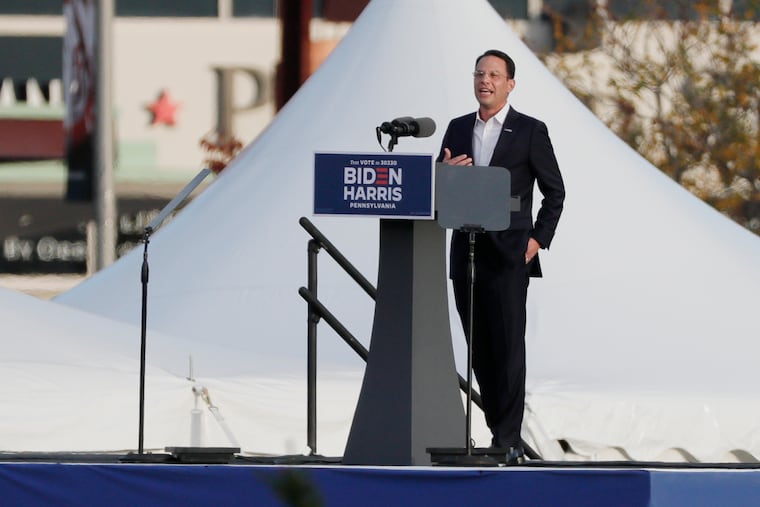 Pa. Attorney General Josh Shapiro from the podium during a drive in rally for Joe Biden outside of Citizens Bank Park in South Phila. on October 21, 2020.