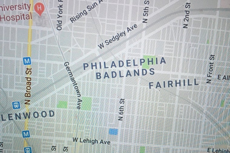 A photo showing "Philadelphia Badlands" labeled in Google Maps.