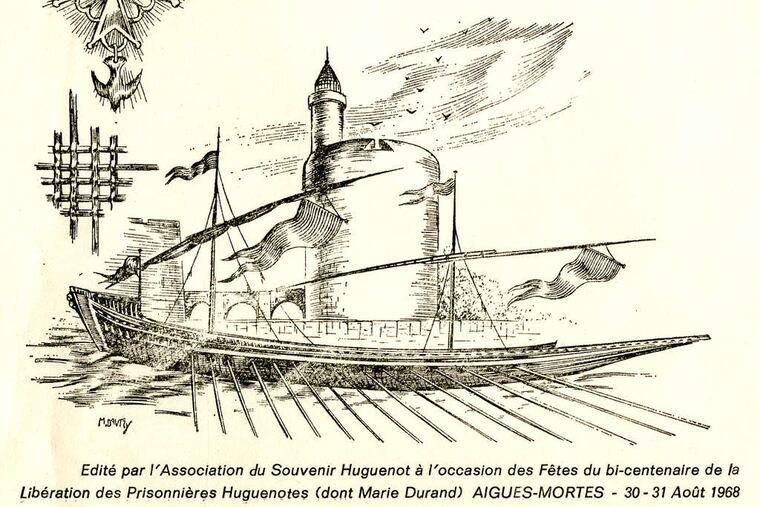 An illustration of a 1968 memorial celebrating the bicentennial of the liberation of Huguenot prisoners.