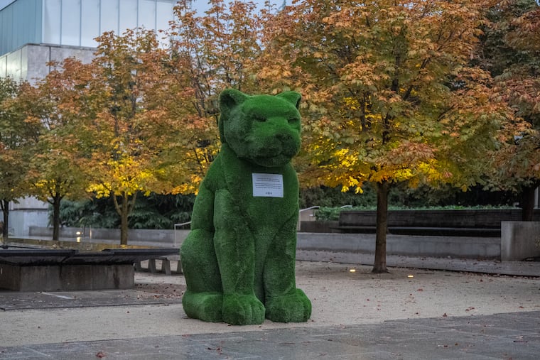 The giant green lion statue outside the Barnes Foundation, in Philadelphia, October 30, 2025.