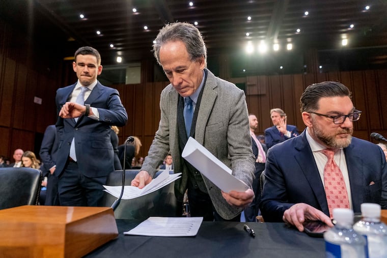 (From left) SeatGeek CEO Jack Groetzinger, Jam Productions CEO and president Jerry Mickelson, and The James Madison Institute senior vice president Sal Nuzzo appear to testify before a Senate Judiciary Committee hearing on Tuesday.