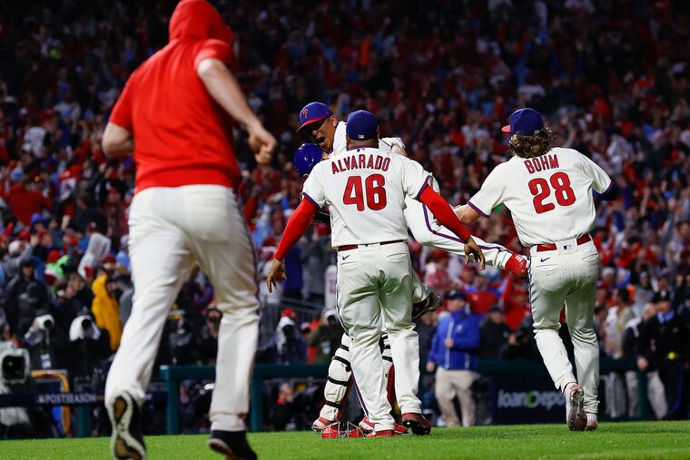 The Phillies celebrates after beating the San Diego Padres in game five of the National League Championship Series on Sunday.