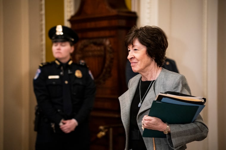 Sen. Susan Collins (R-Maine) walks into the Senate chamber on April 17, 2024. MUST CREDIT: Haiyun Jiang/For The Washington Post
