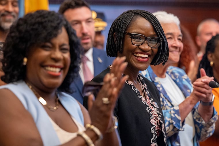 Mayor Cherelle L. Parker (left) names Kehinde “Kenny” Solanke (right) as commissioner of the Department of Behavioral Health and Intellectual disAbility Services, or DBHIDS.