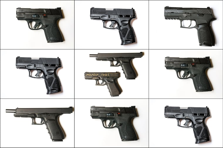 Handguns, including models like the Sig Sauer P226, were the most frequently straw-purchased type of firearm guns in The Inquirer’s review.
Gun Models Clockwise from top left: Smith and Wesson M&PQ Shield Semi 9mm
Taurus G3C Semi 9mm
Sig Sauer P320C 9mm
Taurus G3C Semi 9mm
(2 in One Square) Glock 40 Semi GEN4 10MM, top, and Glock 19, Gen 5, Semi-Automatic 9mm, bottom
Smith and Wesson M&PQ Shield Semi 9mm
Glock 40 Semi GEN4 10MM
Smith and Wesson M&PQ Shield Semi 9mm
Taurus G3C Semi 9mm