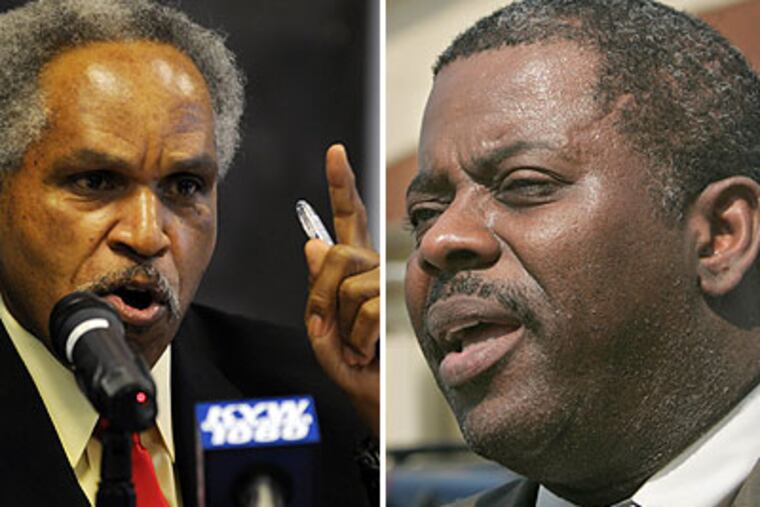 Philadelphia House Authority board chairman John Street (left) at Thursday's meeting, in which PHA Executive Director Carl Greene (right) was suspended pending the outcome of an internal investigation. (Sarah J. Glover and Charles Fox / Staff Photographers)