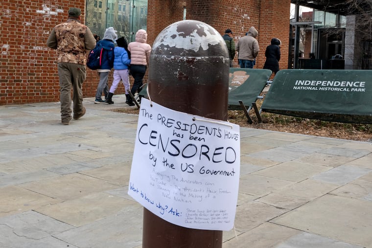 A “censored” protest sign is taped up at the President’s House site in Independence National Historical Park Saturday, Jan. 24, 2026.