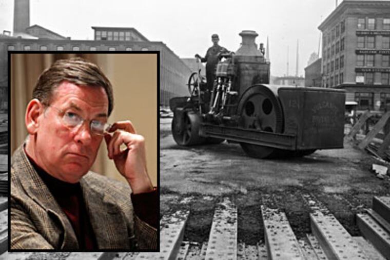 This photo taken near the Baldwin Locomotive Works is a still from (left) Sam Katz's film.